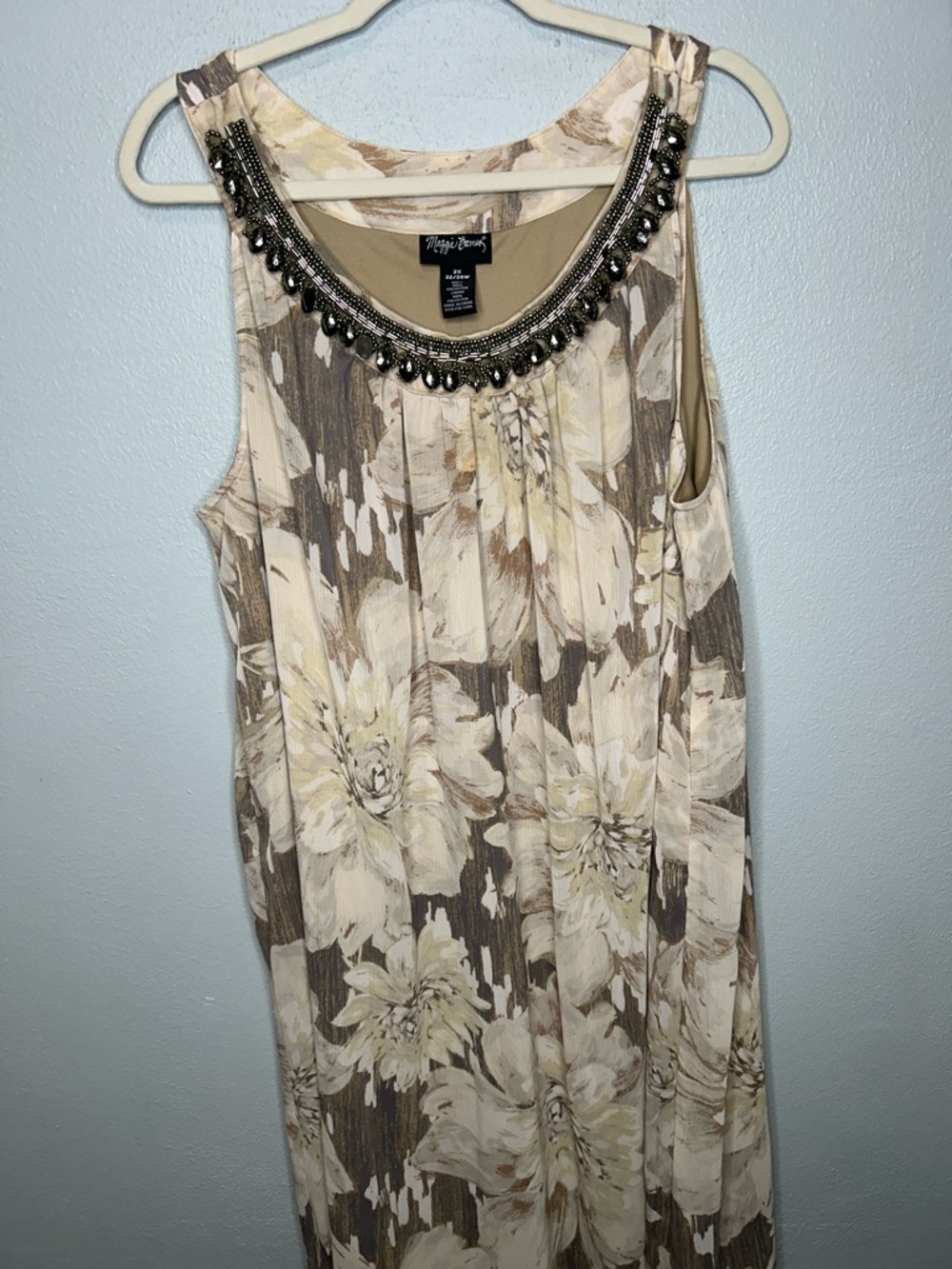 Maggie Barnes Beige and Taupe Floral Maxi Dress with Beaded Neckline. Size 22/24